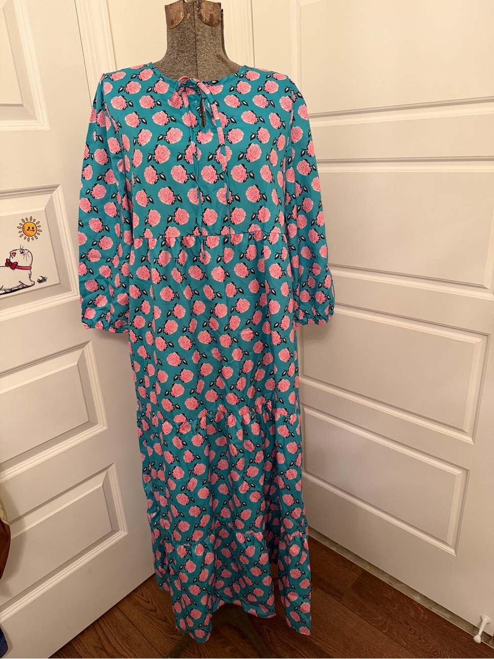 Women's Teal Floral Tie-Neck Maxi Dress
